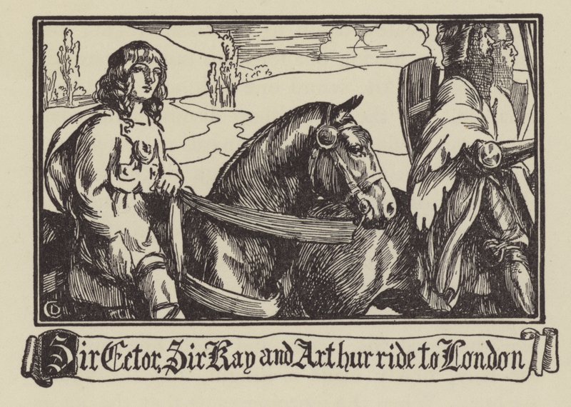 Sir Ector, Sir Kay e Artù cavalcano verso Londra da Dora Curtis