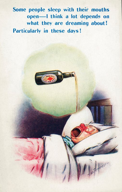 Alcolismo: uomo che dorme con la bocca aperta sognando la birra (litografia a colori) da Douglas Tempest