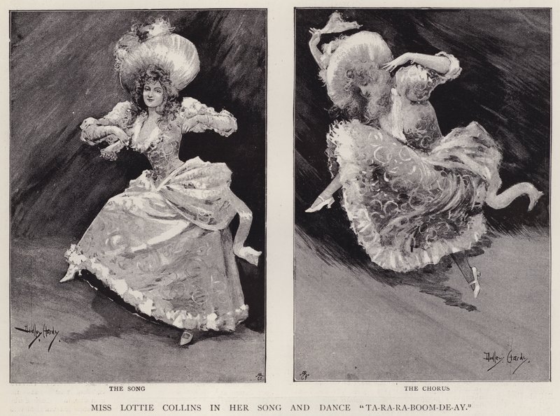 La cantante e ballerina inglese di music hall Lottie Collins che esegue la sua popolare canzone Ta-Ra-Ra-Boom-De-Ay da Dudley Hardy