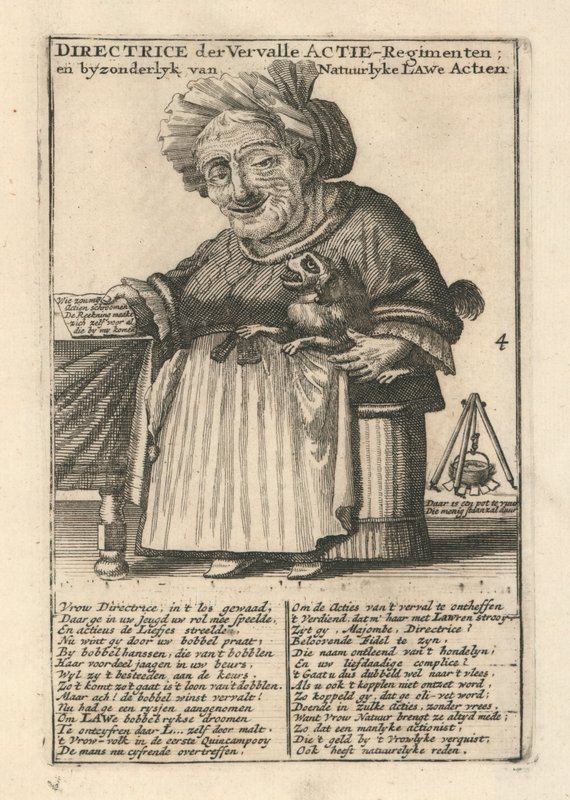 Direttrice dei reggimenti di scorte decadute, stampa satirica sulla Bolla del Mississippi da Dutch School