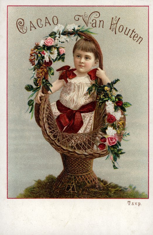 Ragazza con bouquet floreale, pubblicità del cioccolato da Dutch School