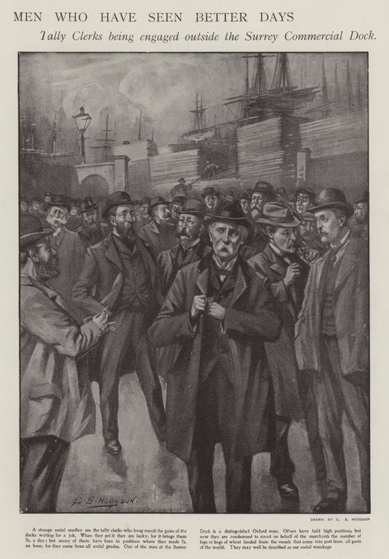 Uomini che hanno visto giorni migliori: impiegati di conteggio ingaggiati fuori dal Surrey Commercial Dock, Londra da E. S. (after) Hodgson