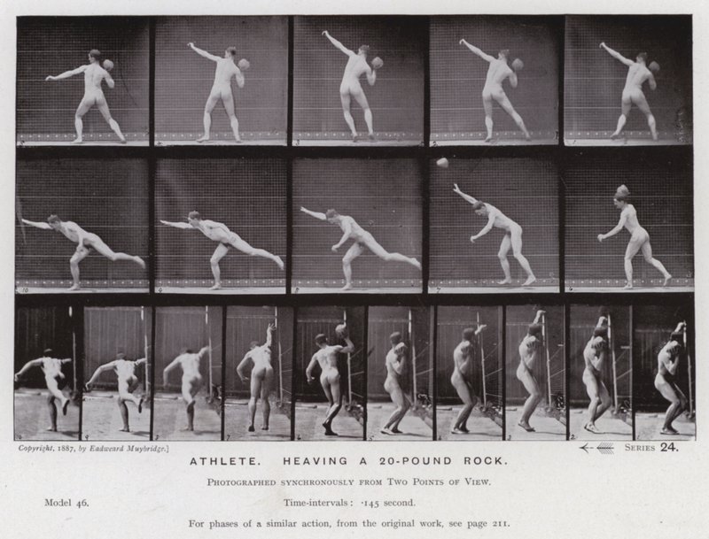 La figura umana in movimento: Atleta, che lancia una roccia di 20 libbre da Eadweard Muybridge