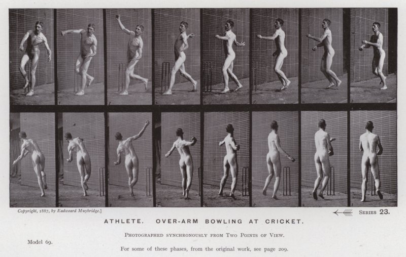 La figura umana in movimento: Atleta, lancio sopra il braccio nel cricket da Eadweard Muybridge