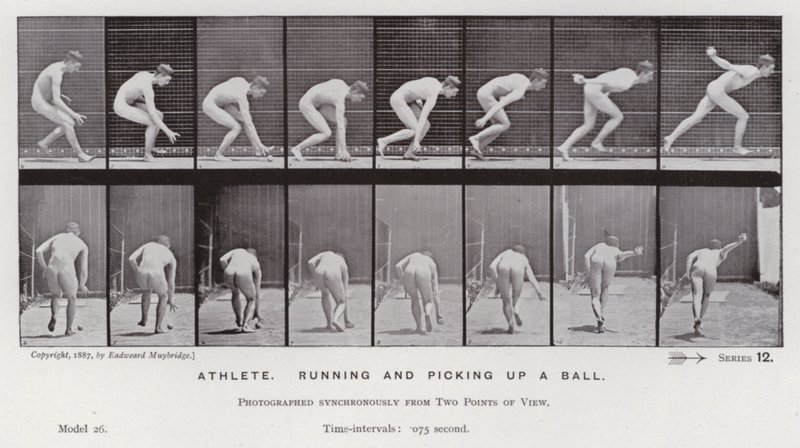 La figura umana in movimento: Atleta, che corre e raccoglie una palla da Eadweard Muybridge