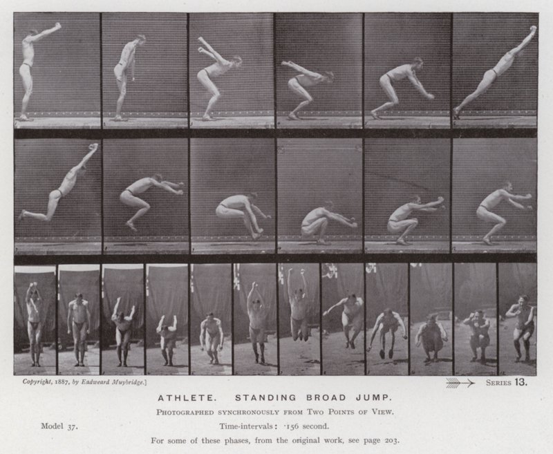 La figura umana in movimento: Atleta, salto in lungo da fermo da Eadweard Muybridge