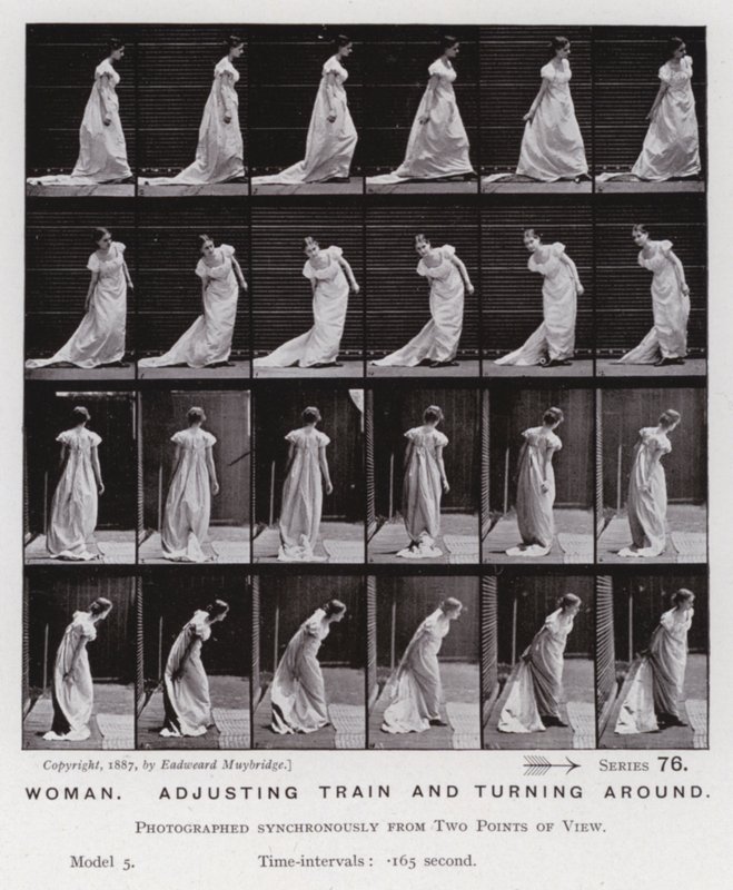 La figura umana in movimento: Donna, che aggiusta il treno e si gira da Eadweard Muybridge