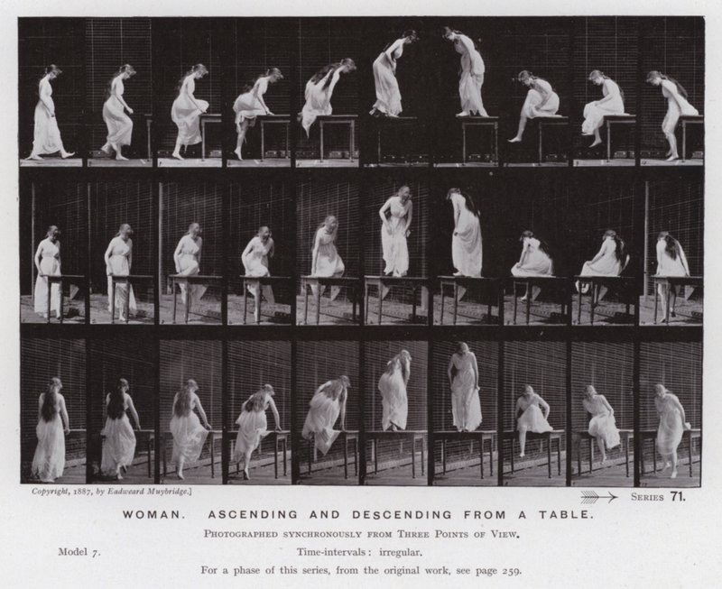 La figura umana in movimento: Donna, salendo e scendendo da un tavolo da Eadweard Muybridge
