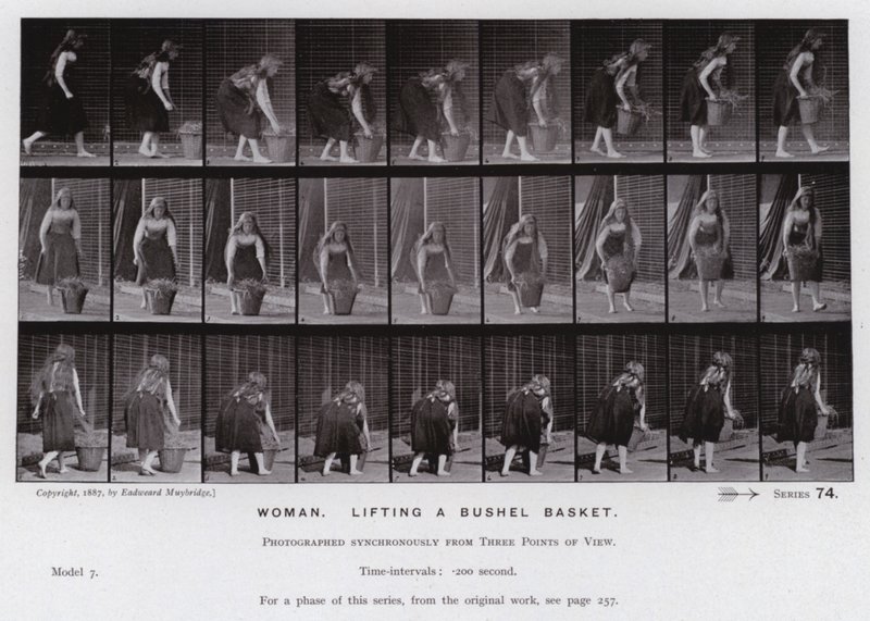 Figura umana in movimento: Donna che solleva un cesto di grano da Eadweard Muybridge