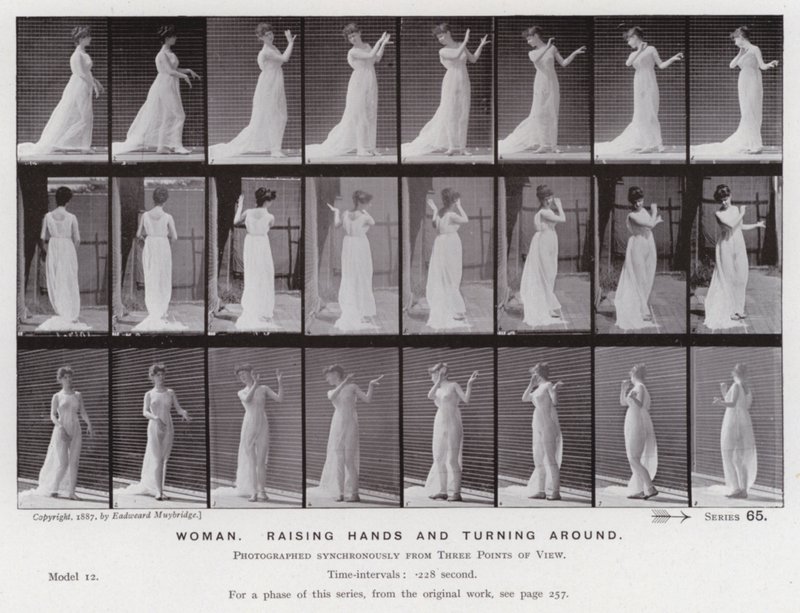 Figura umana in movimento: Donna che alza le mani e si gira da Eadweard Muybridge