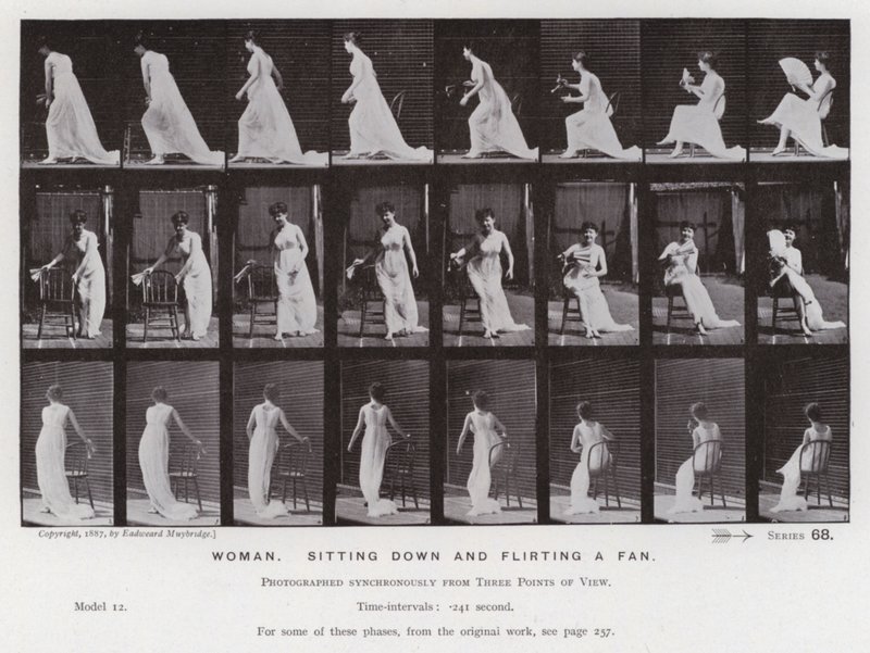 La figura umana in movimento: Donna, che si siede e agita un ventaglio da Eadweard Muybridge