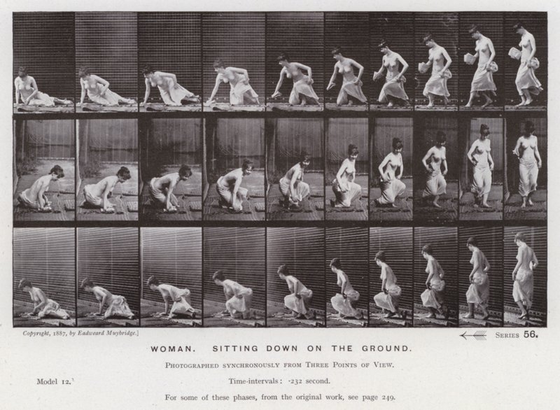 La figura umana in movimento: Donna, che si siede a terra da Eadweard Muybridge