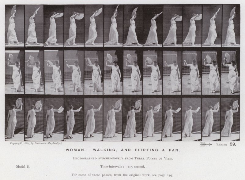 Figura umana in movimento: Donna che cammina e sventola un ventaglio da Eadweard Muybridge