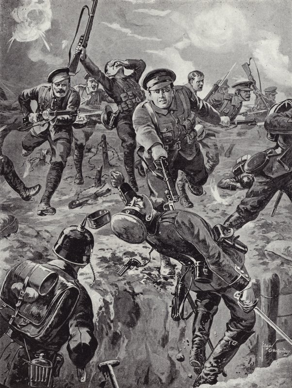 Il caporale Joseph Davies e otto uomini che respingono con le baionette un gruppo di tedeschi che li aveva circondati, Delville Wood, Francia, 20 luglio 1916 da Edgar Alfred Holloway