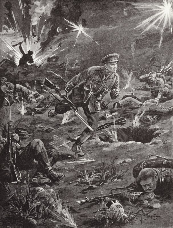 Il tenente Benjamin Geary che si affretta, sotto pesante fuoco di artiglieria, verso una trincea a destra di Hill 60 per mettersi in contatto con un ufficiale, Ypres, Belgio, aprile 1915 da Edgar Alfred Holloway