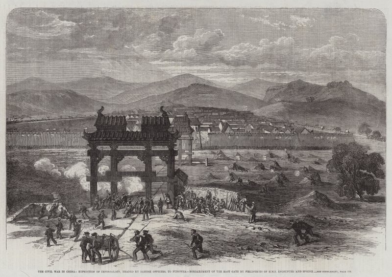 La guerra civile in Cina, spedizione degli imperialisti, guidata da ufficiali britannici, a Fungwha, bombardamento della porta est da parte dei pezzi da campo della HMS Encounter e Sphinx da Edmund Morison Wimperis
