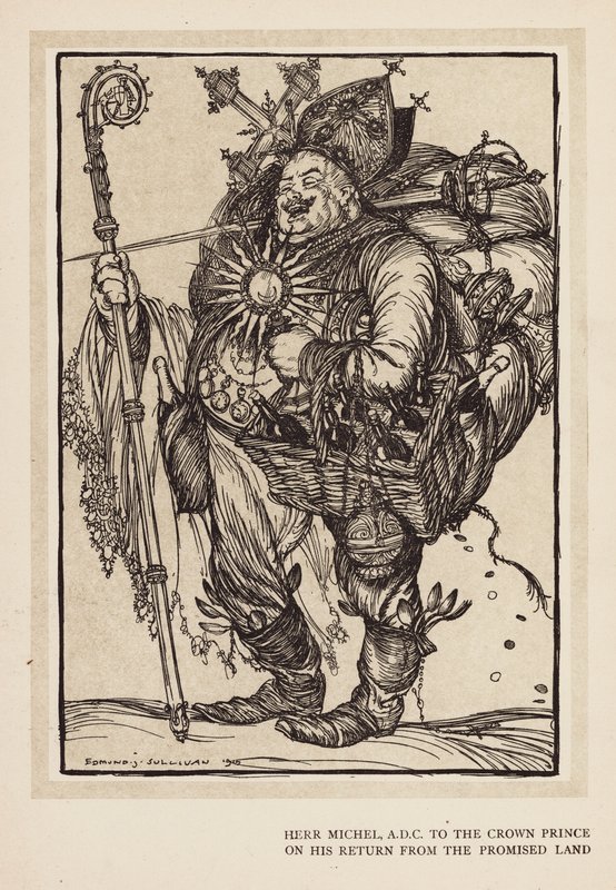 La ghirlanda del Kaiser: Herr Michel, ADC del Principe della Corona al suo ritorno dalla Terra Promessa da Edmund Joseph (after) Sullivan