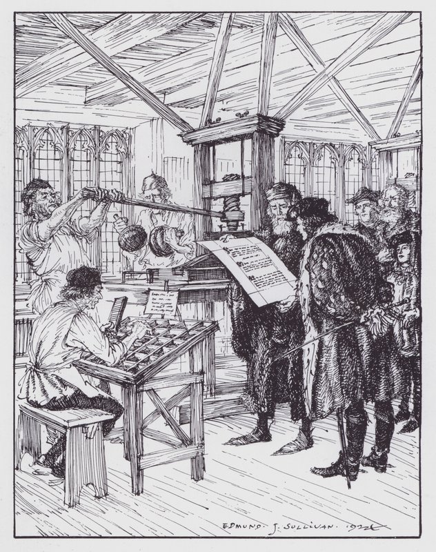 William Caxton nella sua tipografia da Edmund Joseph (after) Sullivan