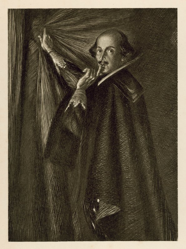 William Shakespeare che tiene il sipario e ci dice di fare silenzio da Edmund Joseph Sullivan