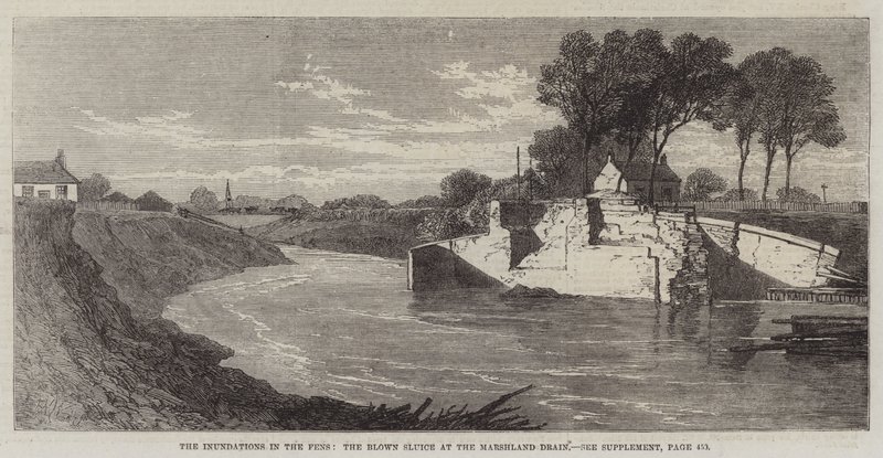 Le inondazioni nelle Fens, la chiusa soffiata al Marshland Drain da Edmund Morison Wimperis