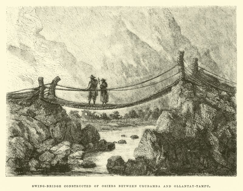 Ponte sospeso costruito con vimini tra Urubamba e Ollantay-Tampu da Edouard Riou