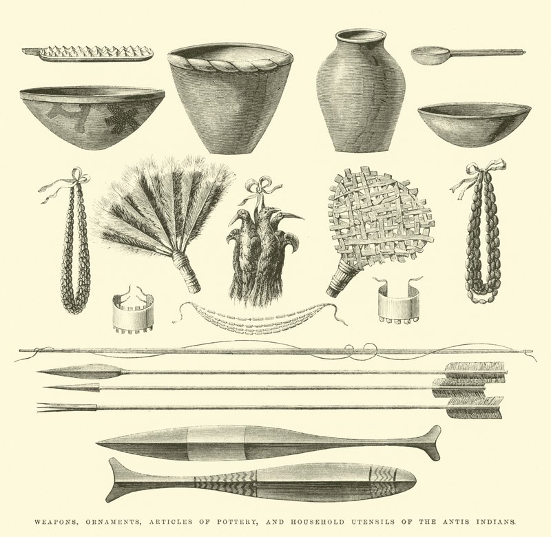 Armi, ornamenti, articoli di ceramica e utensili domestici degli indiani Antis da Edouard Riou