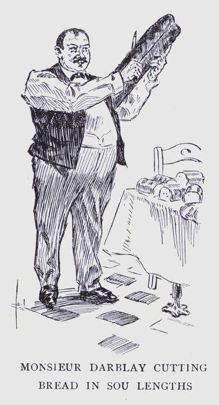 Parigi bohémien: Monsieur Darblay che taglia il pane in pezzi da sou (litografia) da Edouard Alfred (1875-1954) Cucuel