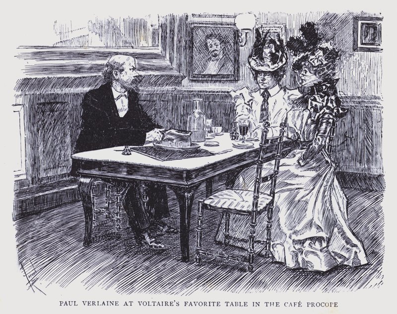 Parigi bohémien: Paul Verlaine al tavolo preferito di Voltaire al Cafe Procope (litografia) da Edouard Alfred (1875 1954) Cucuel