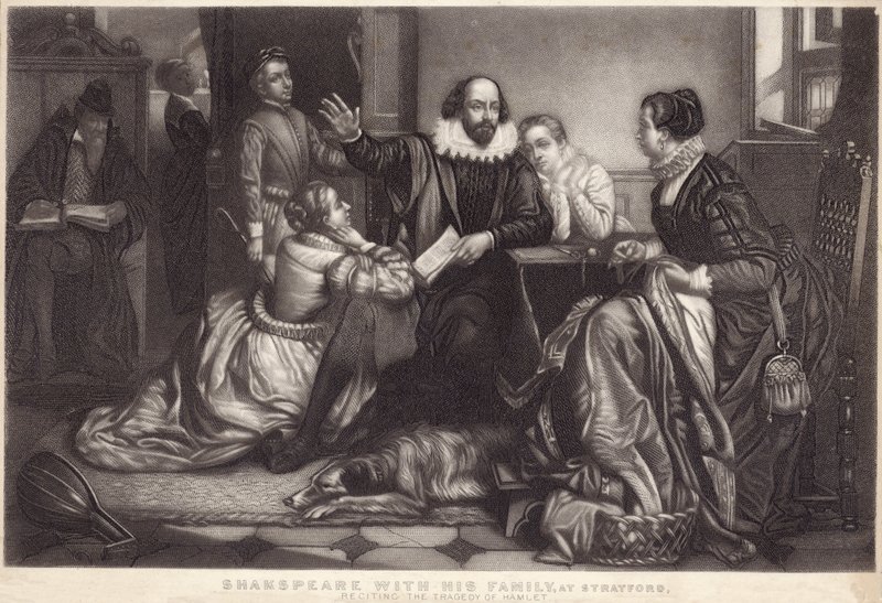 Shakespeare con la sua famiglia a Stratford on Avon, recitando la tragedia di Amleto da Edouard Jean Conrad Hamman