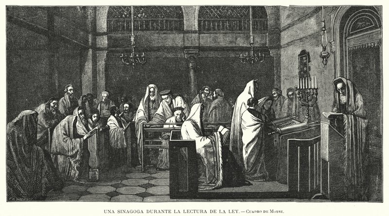 Sinagoga durante una lettura della Torah da Edouard Moyse