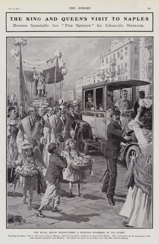 Re Edoardo VII e la regina Alessandra incontrano una processione religiosa durante la loro visita a Napoli, Italia da Edouardo Matania