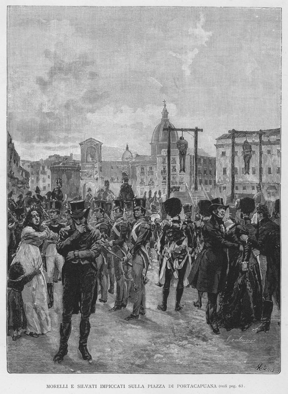 Morelli e Silvati impiccati sulla piazza di Portacapuana da Edouardo Matania