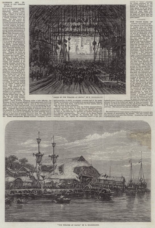 Esterno e interno del teatro di Macao da Eduard Hildebrandt