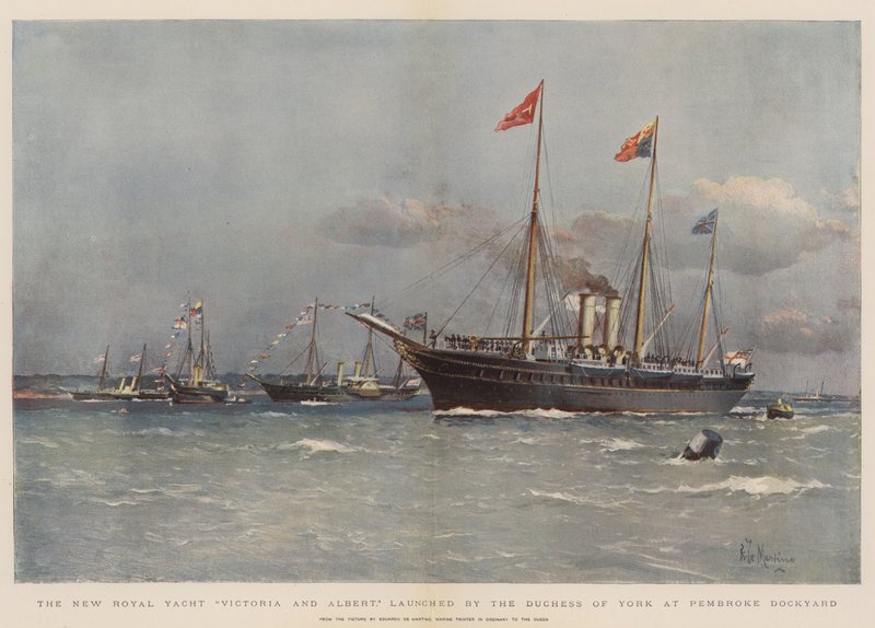 Il nuovo yacht reale Victoria e Albert, varato dalla Duchessa di York al cantiere navale di Pembroke (cromolitografia) da Eduardo de Martino