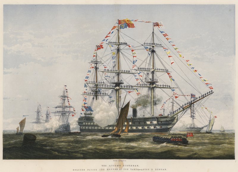 Il compleanno della regina, bandiere al vento e uomini agli alberi da Edward Duncan