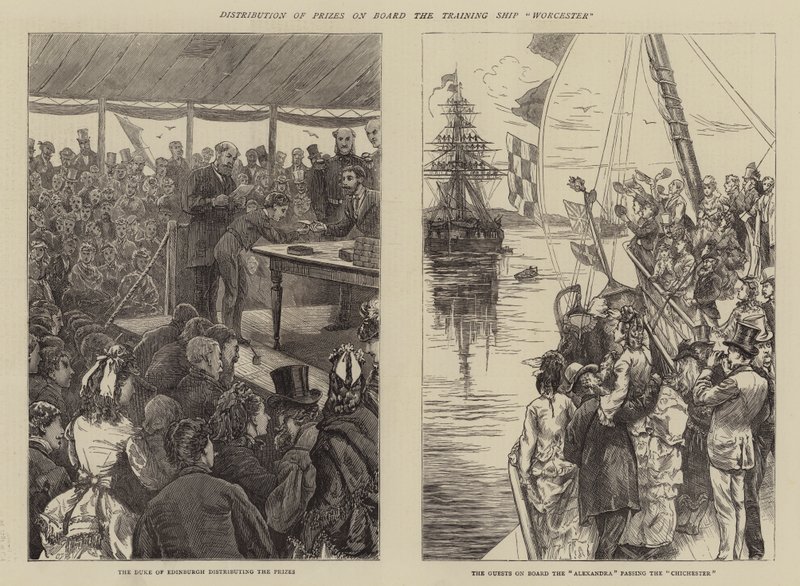 Distribuzione dei premi a bordo della nave scuola Worcester da Edward Frederick Brewtnall