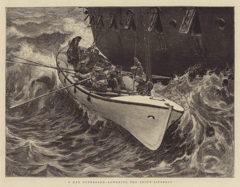 Un uomo in mare, abbassando la scialuppa di salvataggio della nave da Edward John Gregory