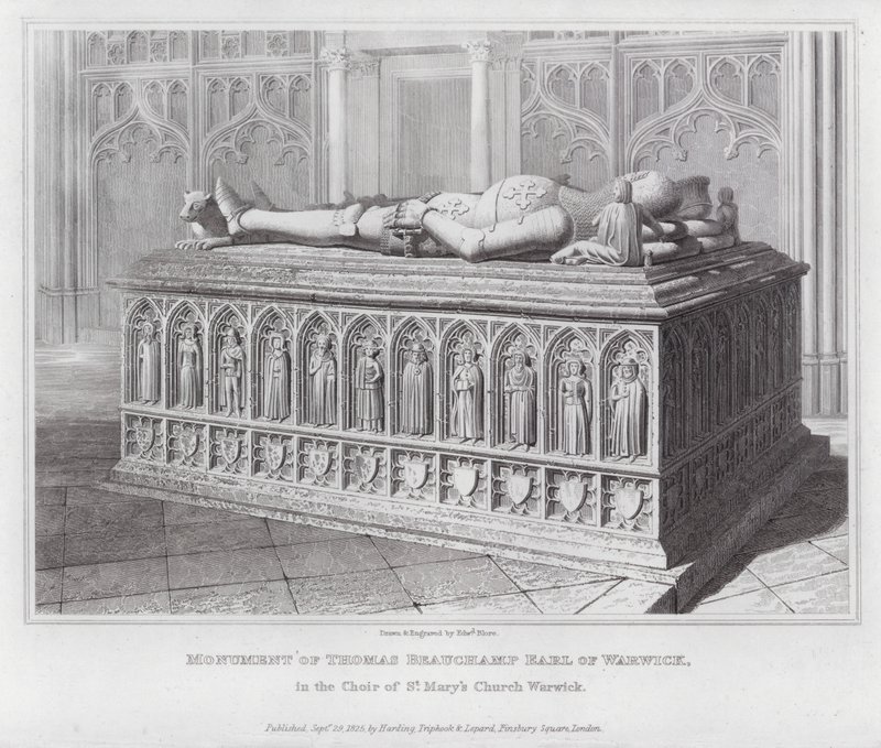 Monumento di Thomas Beauchamp Conte di Warwick, nel Coro della Chiesa di Santa Maria a Warwick (incisione) da Edward Blore