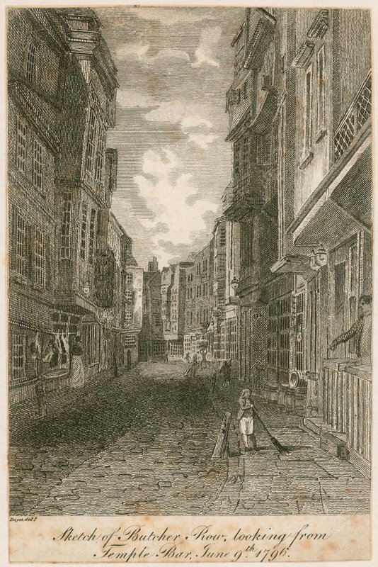 Schizzo di Butcher Row, vista da Temple Bar, 9 giugno 1796 da Edward Dayes