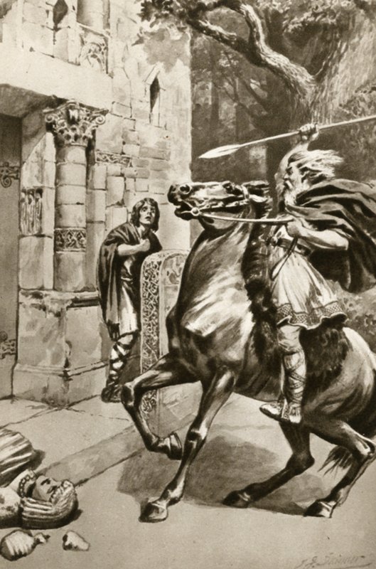 Il Sommo Sacerdote Coifi che percorre Goodmanham Lane per distruggere gli idoli, illustrazione da "La piccola isola del tesoro" di Arthur Mee, 1920 circa (litografia) da Edward Frederick Skinner