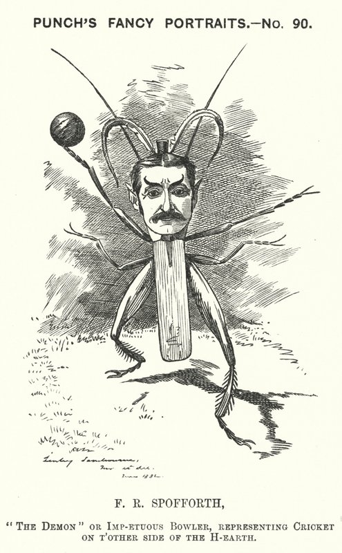 Cartone animato Punch: Fred Spofforth, giocatore di cricket australiano (incisione) da Edward Linley (after) Sambourne