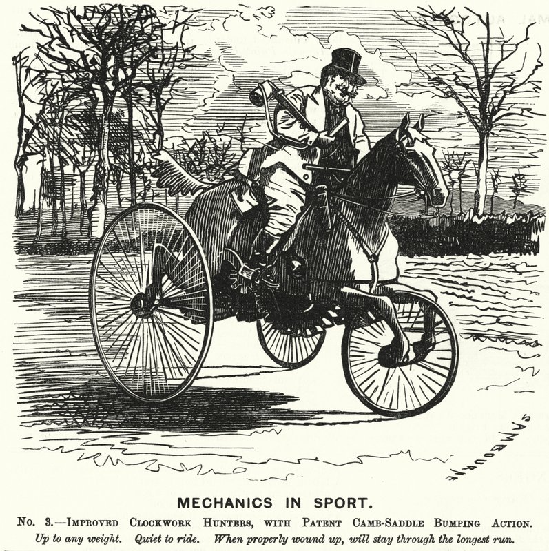 Cartone animato Punch: Meccanica nello sport. N. 3. - Cacciatori a carica migliorati, con azione di urto a sella brevettata (incisione) da Edward Linley (after) Sambourne