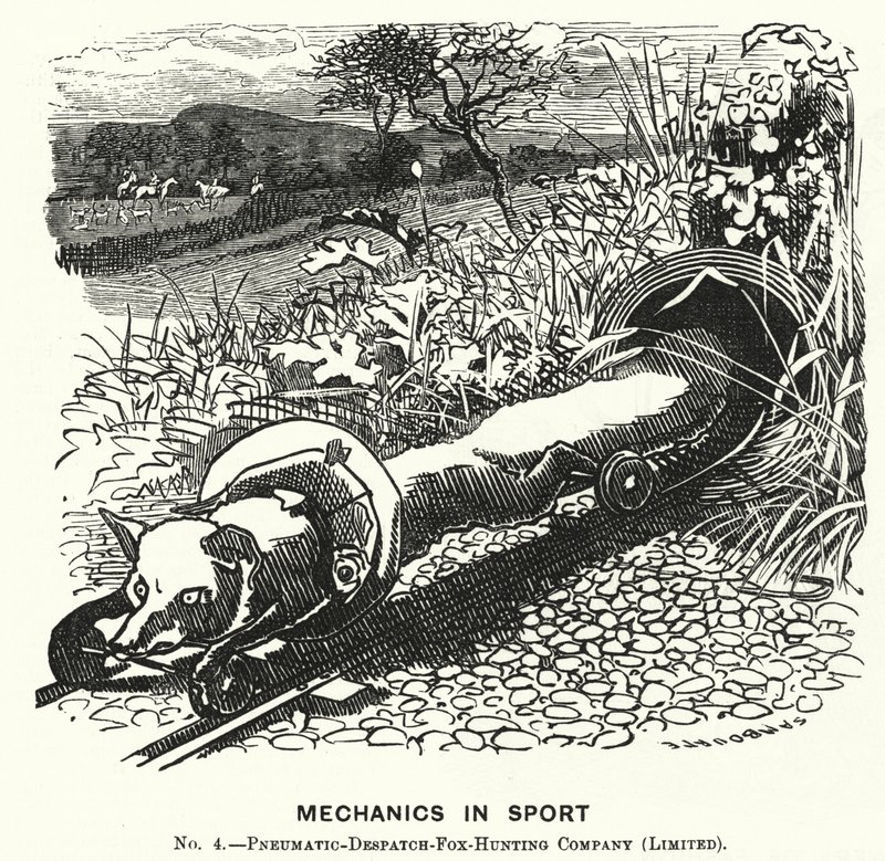 Cartone animato di Punch: Meccanica nello sport. No 4. - Compagnia di caccia alla volpe a dispaccio pneumatico (Limitata) da Edward Linley (after) Sambourne