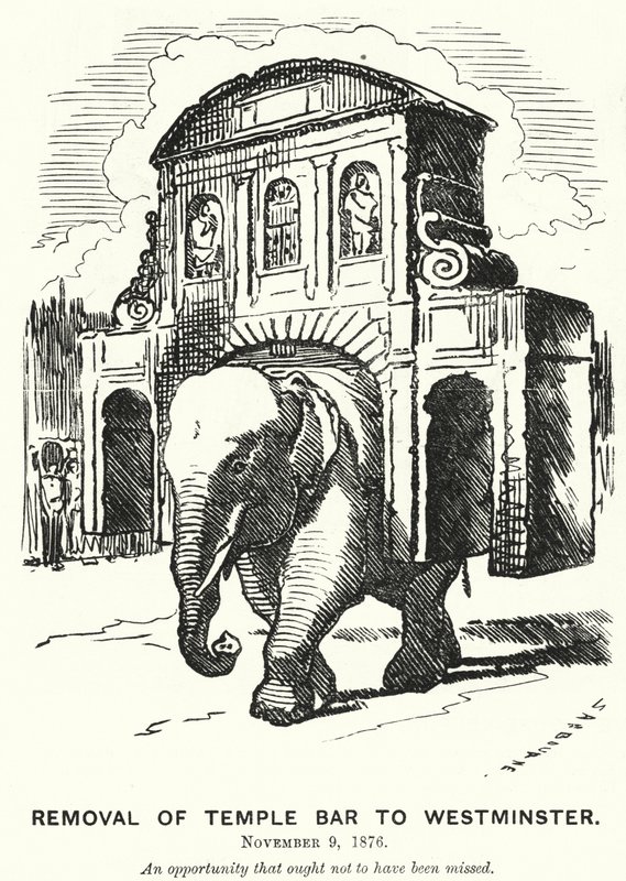 Cartone animato di Punch: Rimozione del Temple Bar a Westminster (incisione) da Edward Linley (after) Sambourne