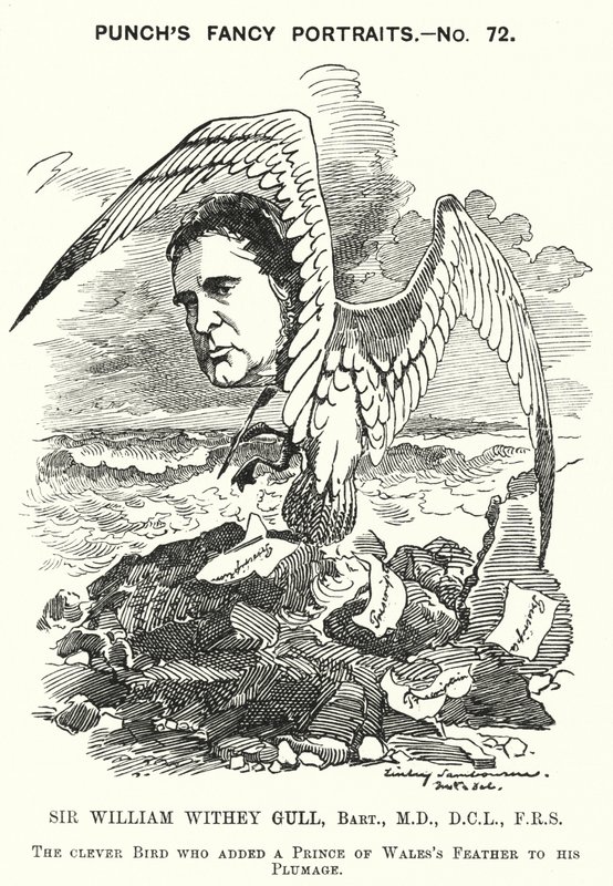 Cartone animato di Punch: Sir William Withey Gull, medico inglese che curò il Principe di Galles per la febbre tifoide e divenne medico ordinario della Regina Vittoria da Edward Linley (after) Sambourne