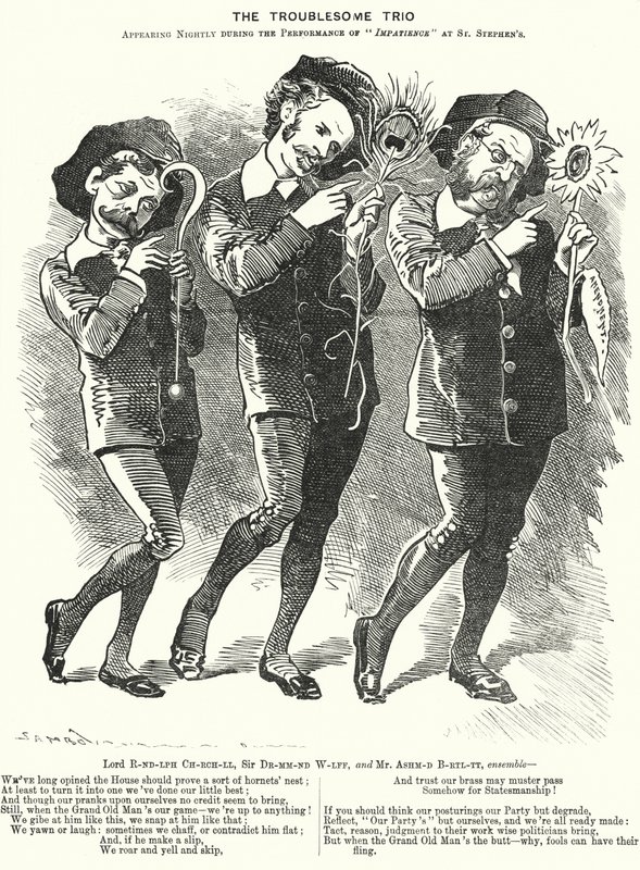 Cartone animato di Punch: Il trio fastidioso: Lord Randolph Churchill, Henry Drummond Wolff e Ellis Ashmead-Bartlett, politici conservatori britannici da Edward Linley (after) Sambourne