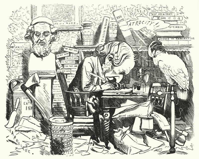 Cartone animato di Punch: scrittore al lavoro nel suo studio (incisione) da Edward Linley (after) Sambourne