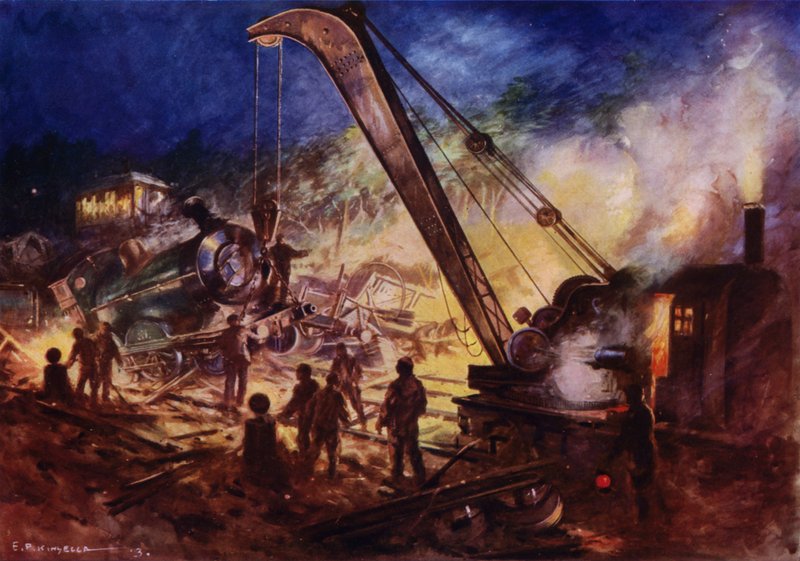 Gru che rimuove i rottami dalla scena di un incidente ferroviario da Edward Parick Kinsella