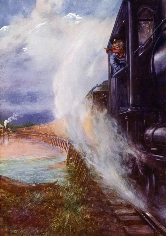 Treno che passa lungo il fiume Skeena sulla Grand Trunk Pacific Railway, Canada da Edward Parick Kinsella