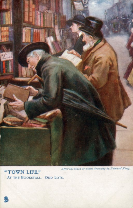 Vita di città: clienti che sfogliano a una bancarella di libri da Edward R. King